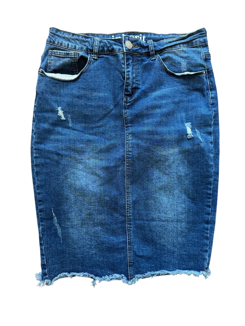 Raw Hem Midi Denim Skirt High Rise Blue Jean Skirt Size 9/10 Inherit Zoey
